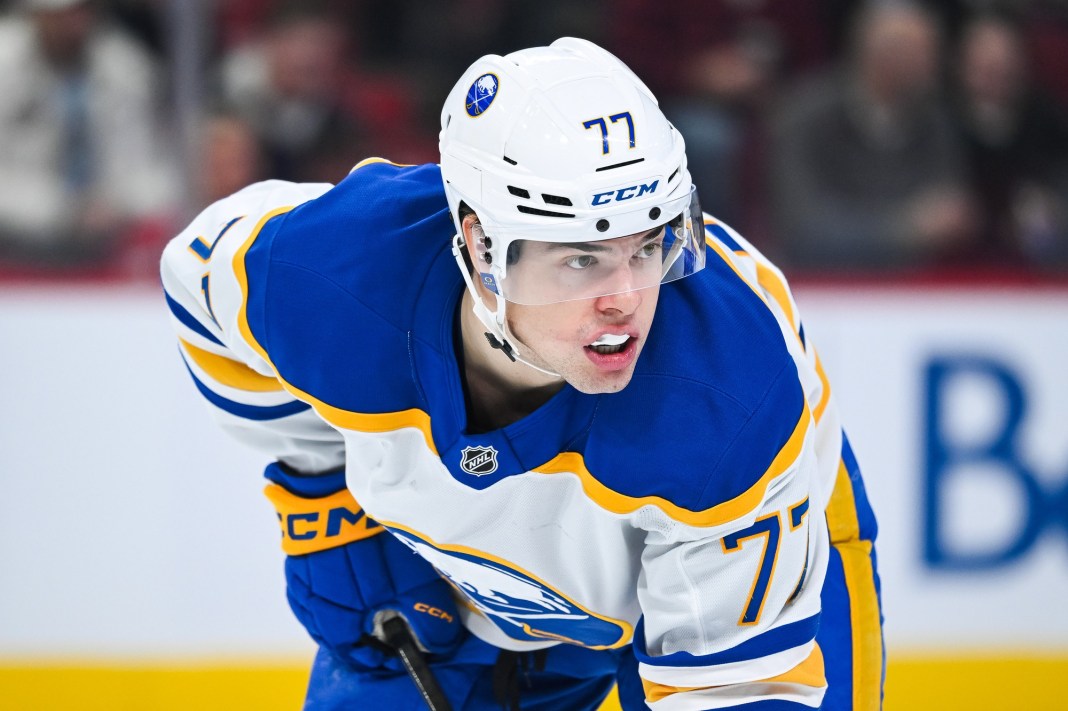 Buffalo Sabres right wing JJ Peterka (77) prepares for a face-off against the Montreal Canadiens during the second period at Bell Centre on December 17, 2024