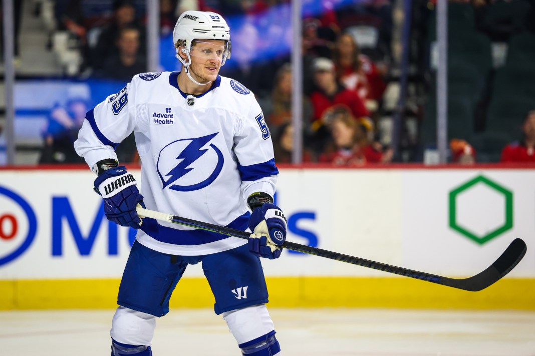 Tampa Bay Lightning center Jake Guentzel (59) skates during the second period against the Calgary Flames at Scotiabank Saddledome on December 12, 2024.