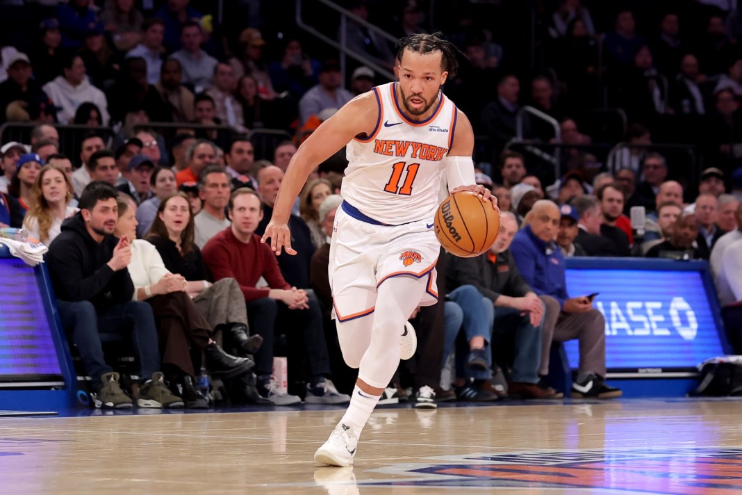 New York Knicks guard Jalen Brunson (11) dribbles up the court during the second quarter against the Detroit Pistons at Madison Square Garden on January 13, 2025