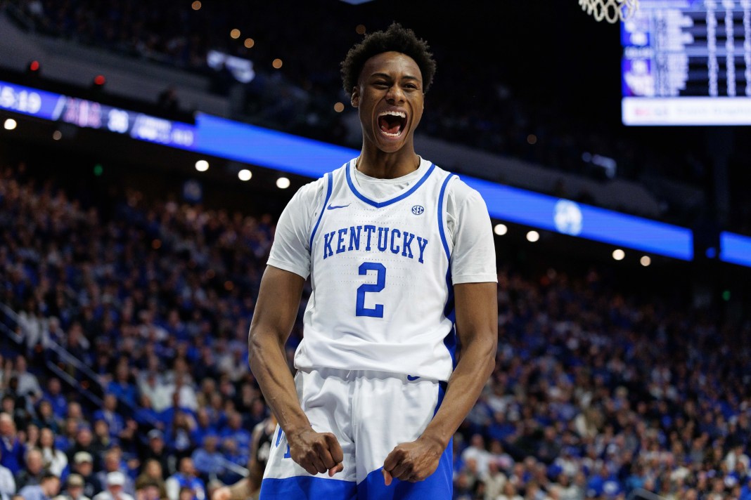 Kentucky Wildcats guard Jaxson Robinson (2) celebrates during the second half of the game against the Texas A&M Aggies at Rupp Arena on January 14, 2025