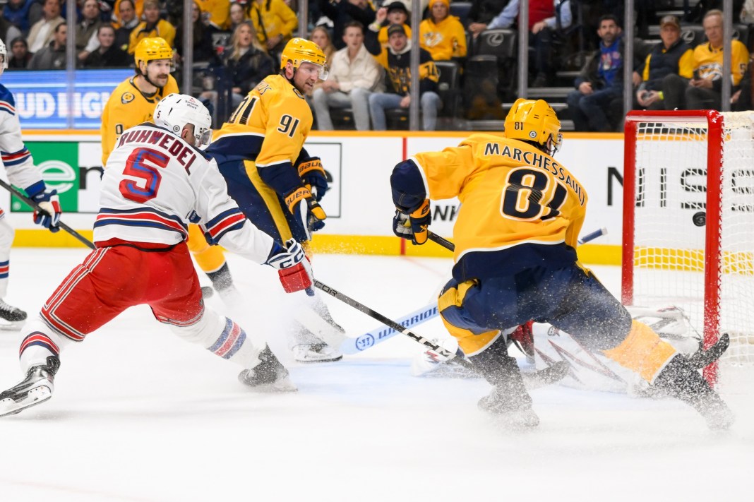 Nashville Predators center Jonathan Marchessault (81) scores past New York Rangers goaltender Igor Shesterkin (31) during the first period at Bridgestone Arena on December 17, 2024