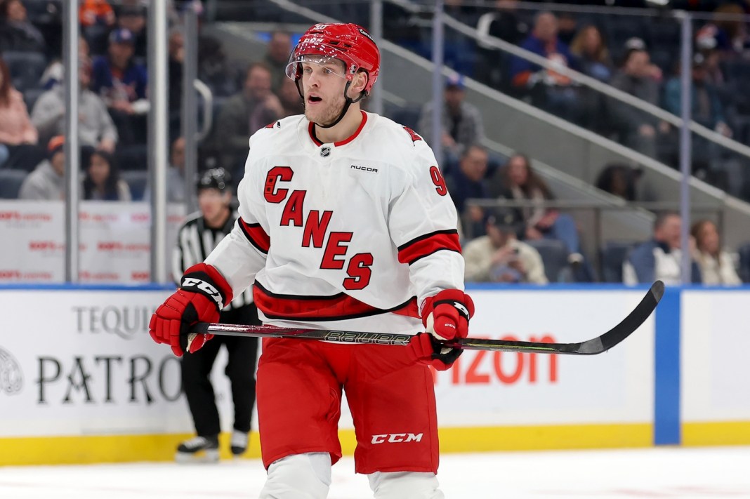 Carolina Hurricanes right wing Mikko Rantanen (96) skates against the New York Islanders during the first period at UBS Arena on January 25, 2025