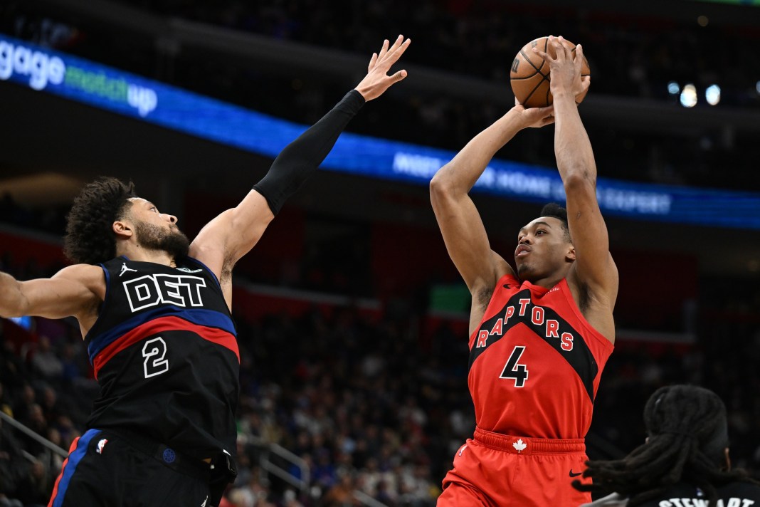 Toronto Raptors forward Scottie Barnes (4) shoots over Detroit Pistons guard Cade Cunningham (2) during the third quarter at Little Caesars Arena on January 11, 2025