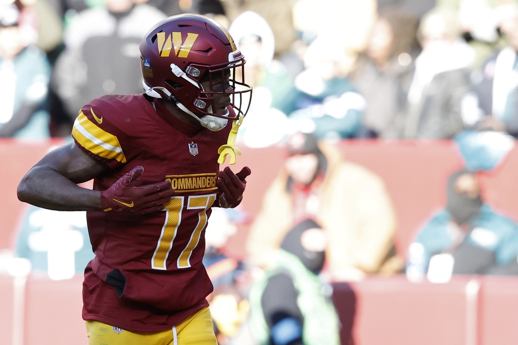 Washington Commanders wide receiver Terry McLaurin (17) celebrates after catching a touchdown pass during the second quarter against the Philadelphia Eagles at Northwest Stadium on December 22, 2024