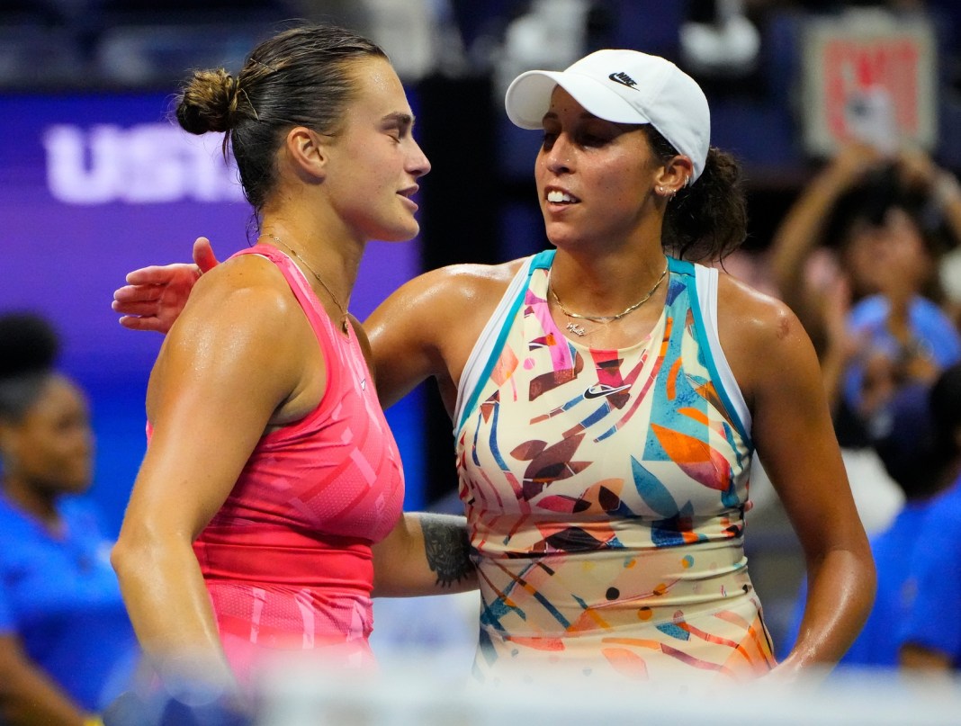 Aryna Sabalenka and Madison Keys meet at the net after their US Open final in 2023.