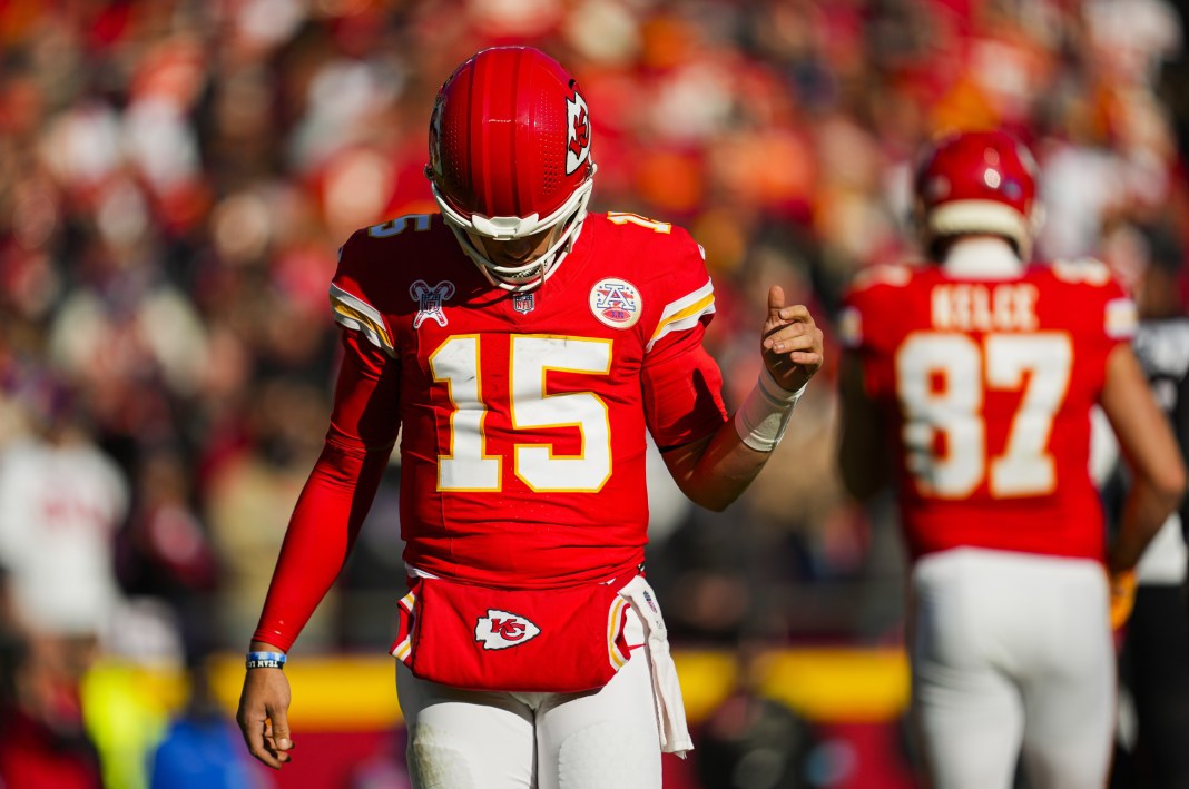 Chiefs star Patrick Mahomes waits for a play against the Texans during the 2024 season.