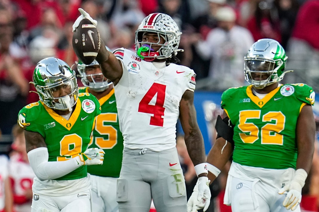 Ohio State wide receiver Jeremiah Smith celebrates a big catch against Oregon in the College Football Playoffs.