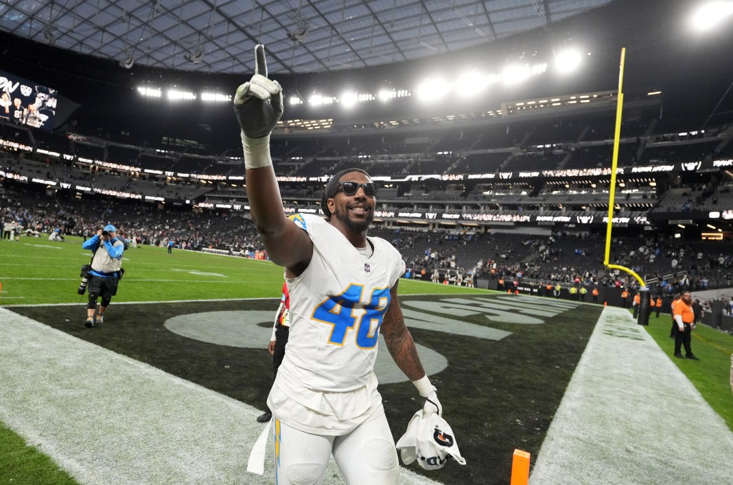 Los Angeles Chargers linebacker Bud Dupree (48) celebrates after the victory against the Las Vegas Raiders at Allegiant Stadium on January 5, 2025.