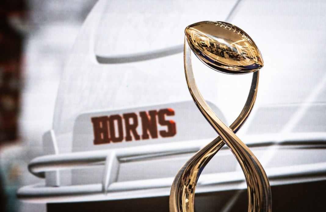 The Cotton Bowl Trophy on display ahead of the Coaches' Press Conference at AT&T Stadium on January 9, 2024, with Texas coach Steve Sarkisian and Ohio State coach Ryan Day answering media questions before the College Football Playoff semi-final game.