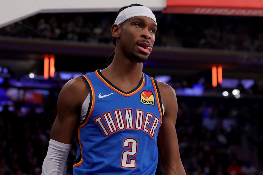 Thunder superstar Shai Gilgeous-Alexander reacts to a play during a meeting with the Knicks in the 2024-25 NBA season.