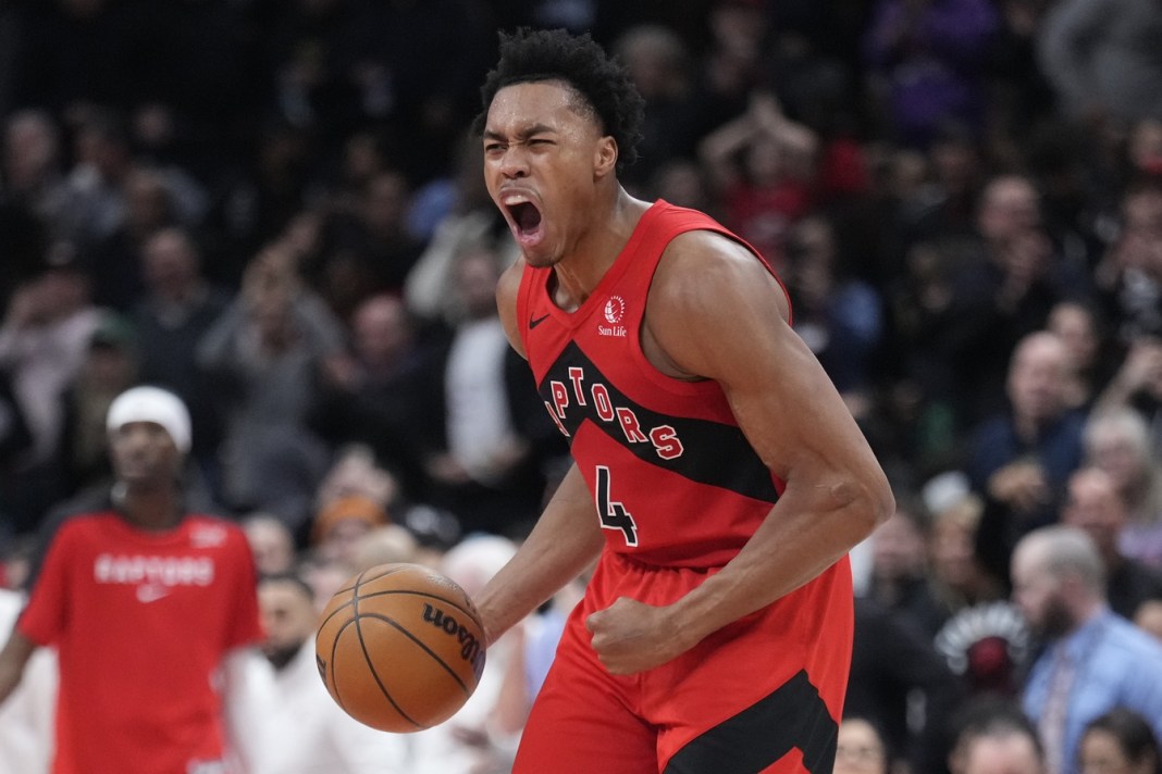 Raptors forward Scottie Barnes celebrates a big play against the Celtics during the 2024-25 NBA season.