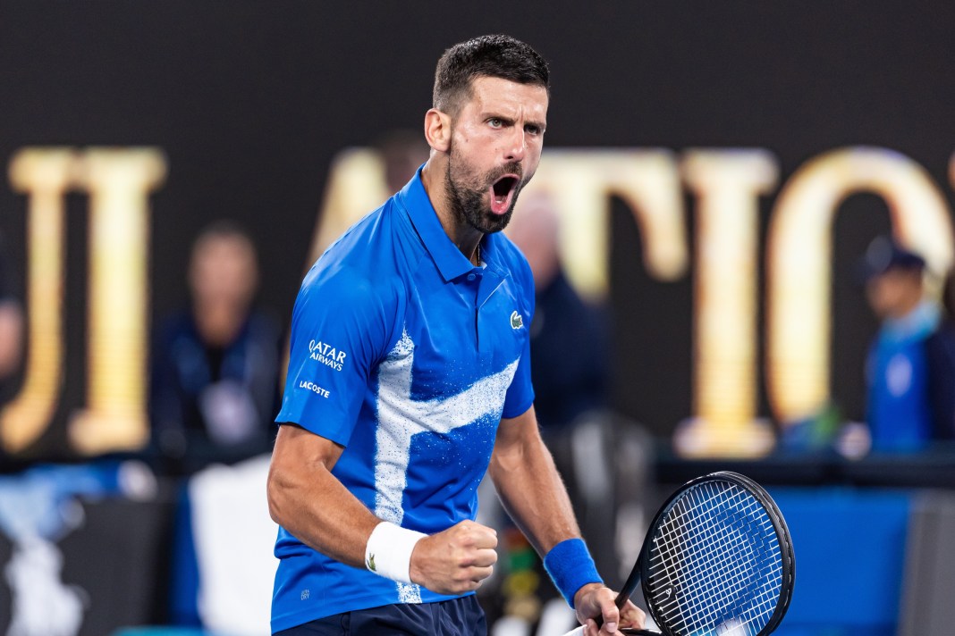 Novak Djokovic celebrates a big point in his match against Tomas Machac at the 2025 Australian Open.