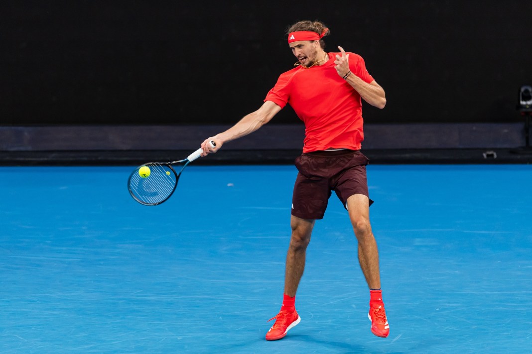 Alexander Zverev hits a forehand against Ugo Humbert during the 2025 Australian Open.