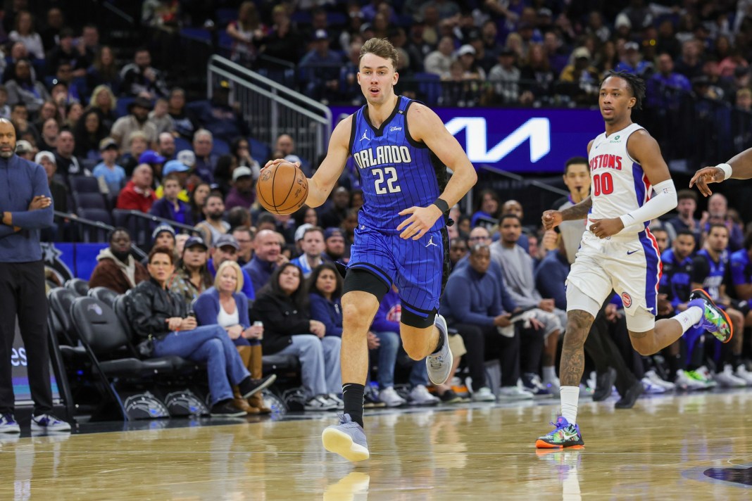 Magic star Franz Wagner dribbles the ball up against the Pistons during the 2024-25 NBA season.