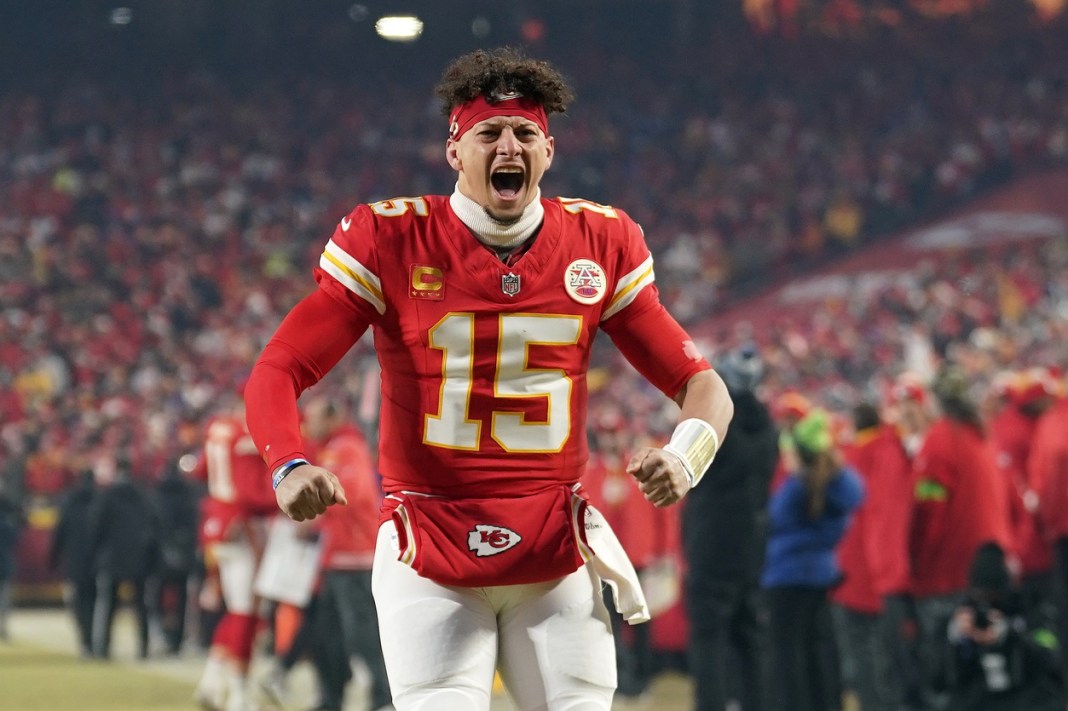 Chiefs star Patrick Mahomes celebrates a big play against the Bills during the AFC Championship Game.