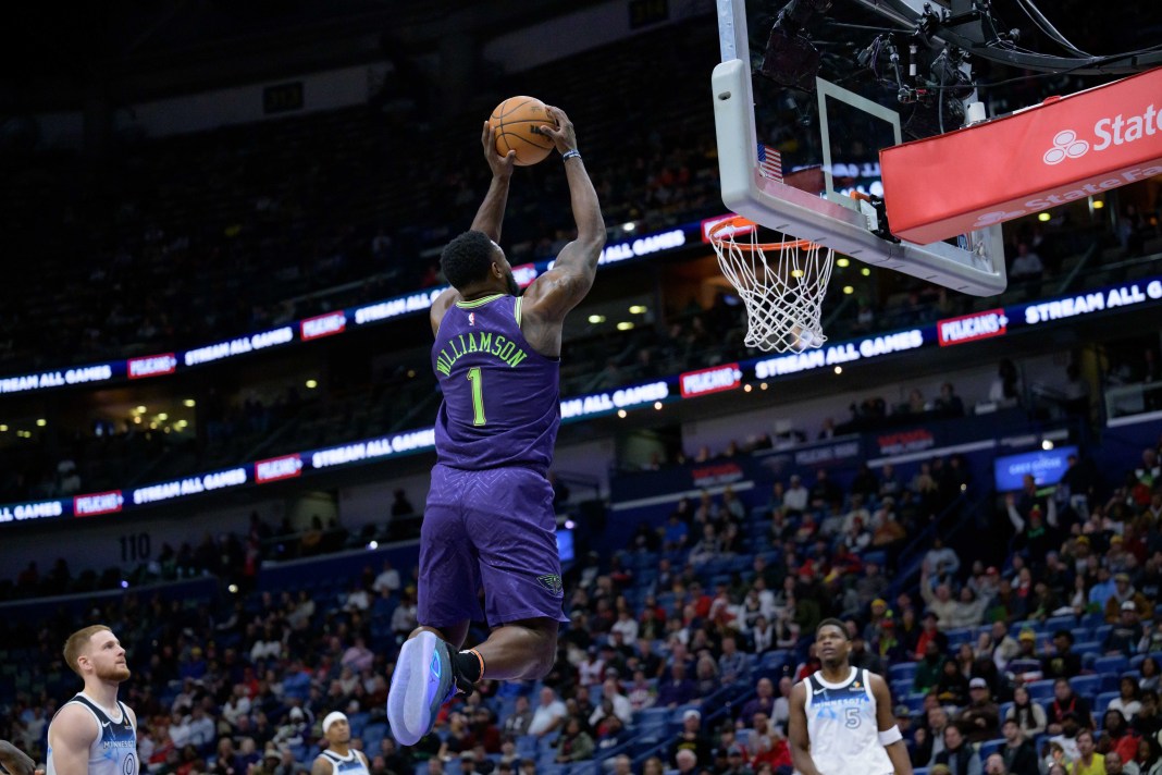 New Orleans Pelicans forward Zion Williamson (1) dunks during the first half against the Minnesota Timberwolves at Smoothie King Center on January 7, 2025.