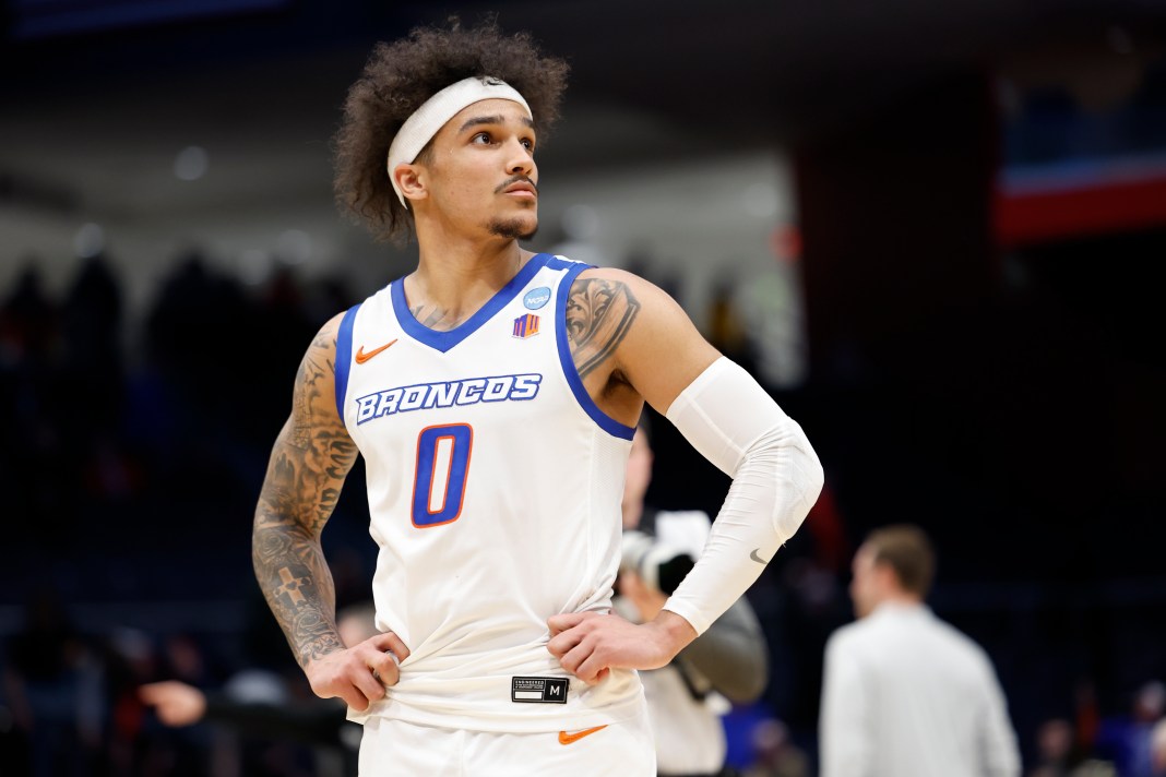 Boise State Broncos guard Roddie Anderson III (0) walks off the court after the loss to the Colorado Buffaloes at UD Arena on March 20, 2024.