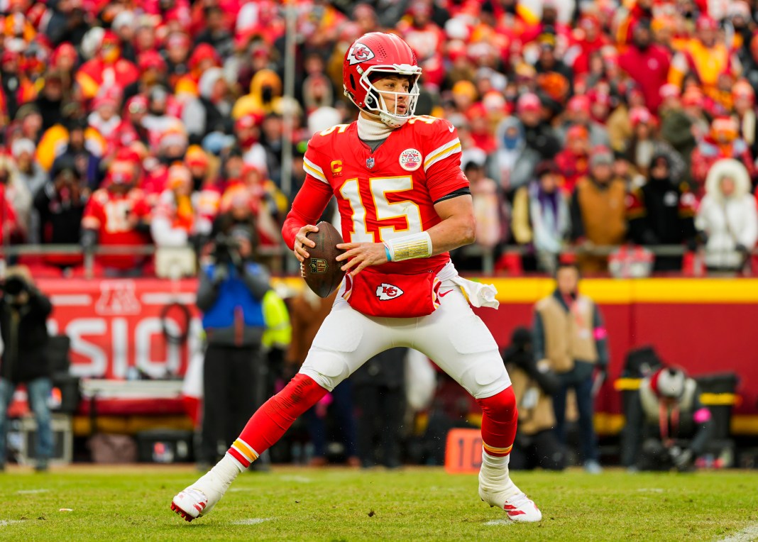 Kansas City Chiefs quarterback Patrick Mahomes (15) drops back to pass during the first half against the Houston Texans in the 2025 AFC Divisional Round at GEHA Field at Arrowhead Stadium on January 18, 2025