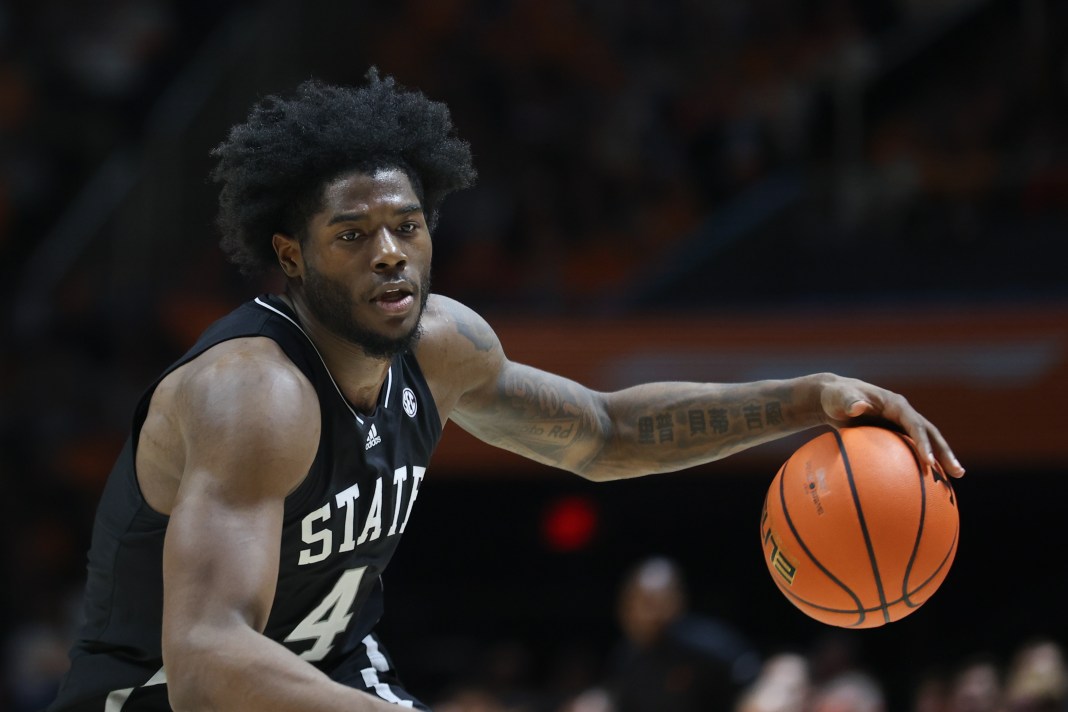 Mississippi State Bulldogs forward Cameron Matthews (4) moves the ball against the Tennessee Volunteers during the second half at Thompson-Boling Arena on January 21, 2025