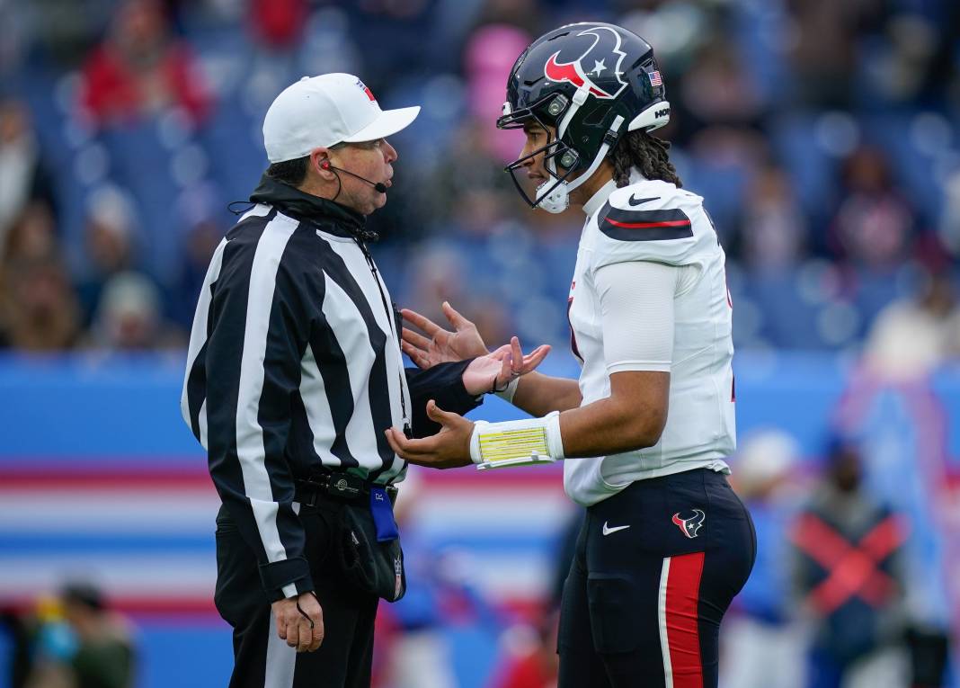 Houston Texans quarterback C.J. Stroud (7) pleads his case after a false start during the first quarter against the Tennessee Titans at Nissan Stadium on January 5, 2025