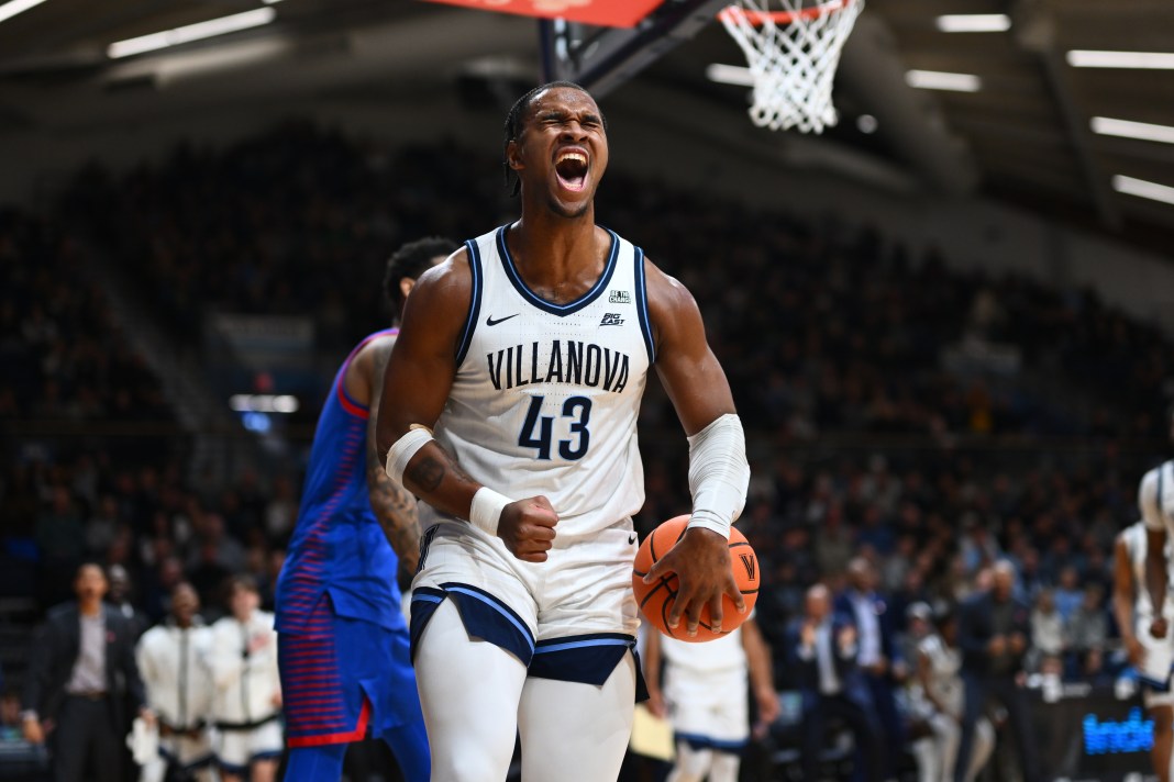 Villanova Wildcats forward Eric Dixon (43) reacts during the first half against the DePaul Blue Demons at William B. Finneran Pavilion on January 4, 2025