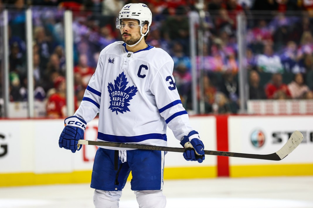 Toronto Maple Leafs center Auston Matthews (34) in action against the Calgary Flames during the third period at Scotiabank Saddledome on February 4, 2025