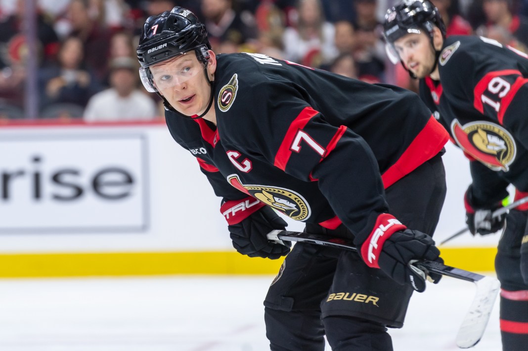 Ottawa Senators left wing Brady Tkachuk (7) gets into position for a faceoff during the second period against Utah at the Canadian Tire Centre on January 26, 2025