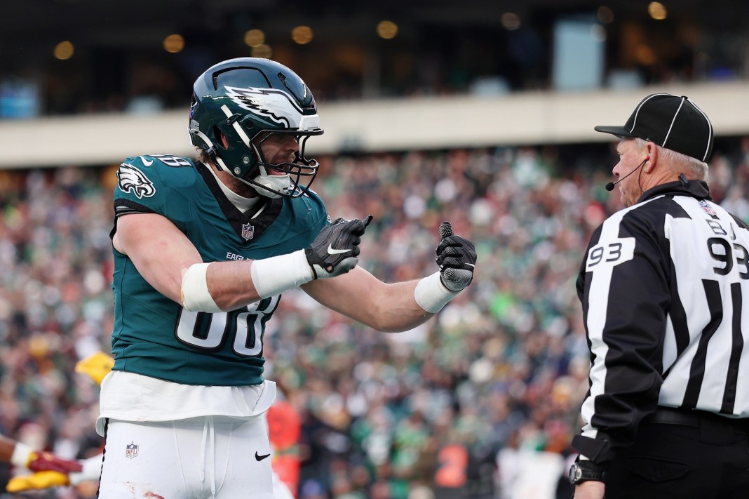 Philadelphia Eagles tight end Dallas Goedert (88) reacts after a play during the first half of the NFC Championship game against the Washington Commanders at Lincoln Financial Field on January 26, 2025