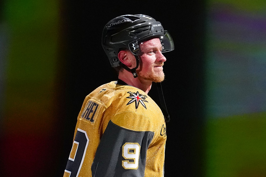 Vegas Golden Knights center Jack Eichel (9) is named Third Star of the Game after the Golden Knights defeated the Buffalo Sabres 3-1 at T-Mobile Arena on January 4, 2025.