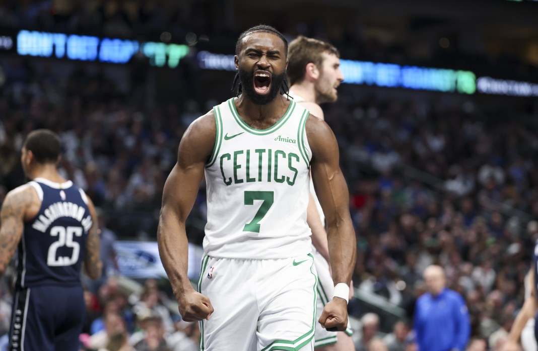 Boston Celtics guard Jaylen Brown (7) celebrates during the second half of the game against the Dallas Mavericks at American Airlines Center on January 25, 2025