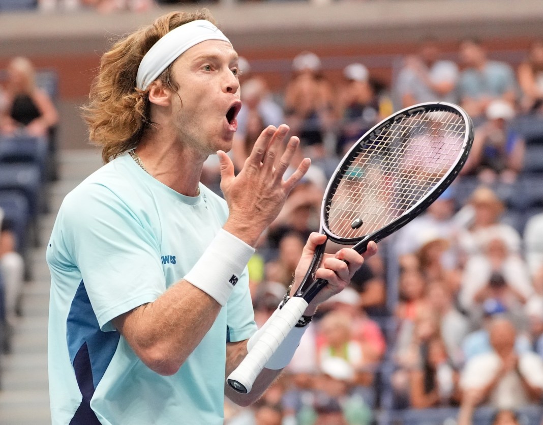 Andrey Rublev reacts to a miss against Grigor Dimitrov at the 2024 US Open.