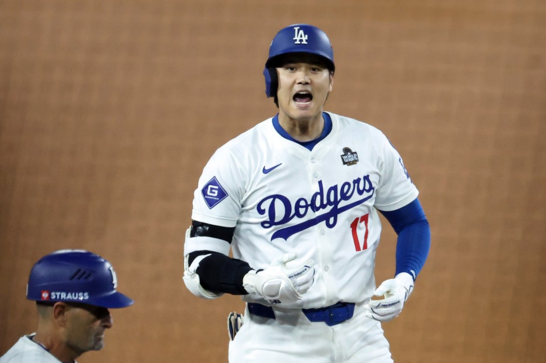 Dodgers star Shohei Ohtani reacts to a play against the Yankees during the 2024 World Series.