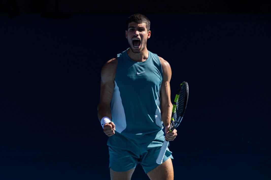 Carlos Alcaraz celebrates a big point during a match against Nuno Borges at the 2025 Australian Open.