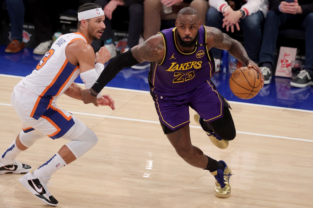 Los Angeles Lakers forward LeBron James (23) drives to the basket against New York Knicks guard Josh Hart (3) during the fourth quarter at Madison Square Garden on February 1, 2025