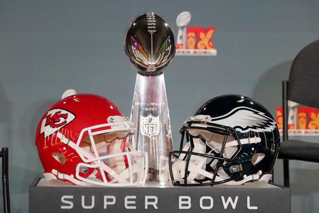 A detailed view of the Vince Lombardi Trophy before a press conference ahead of Super Bowl LIX at the New Orleans Saints Locker Room on February 3, 2025