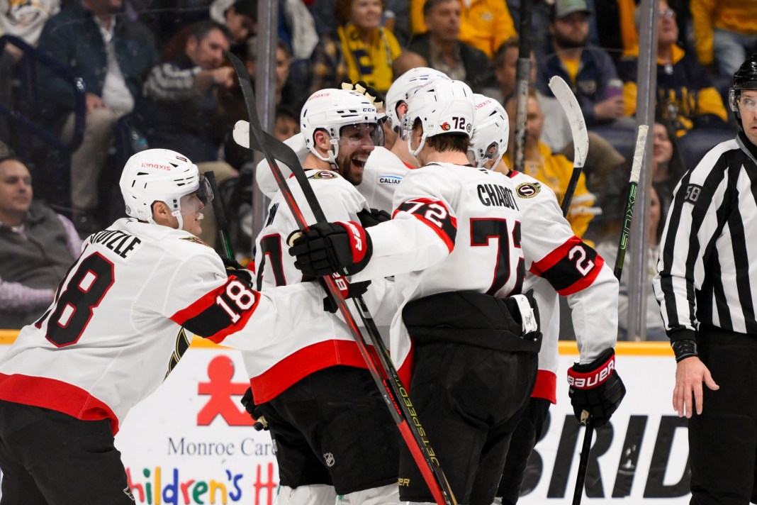 Ottawa Senators left wing David Perron (57) celebrates his goal with teammates during the third period against the Nashville Predators at Bridgestone Arena on February 3, 2025