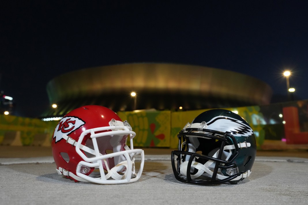 Kansas City Chiefs and Philadelphia Eagles helmets displayed at the Caesars Superdome prior to Super Bowl LIX on February 5, 2025