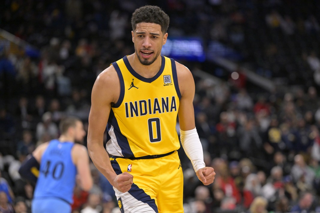 Pacers star Tyrese Haliburton celebrates a dunk against the Clippers during the 2024-25 NBA season.