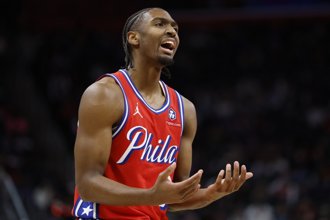 Sixers star Tyrese Maxey complains during a meeting with the Pistons during the 2024-25 NBA season.