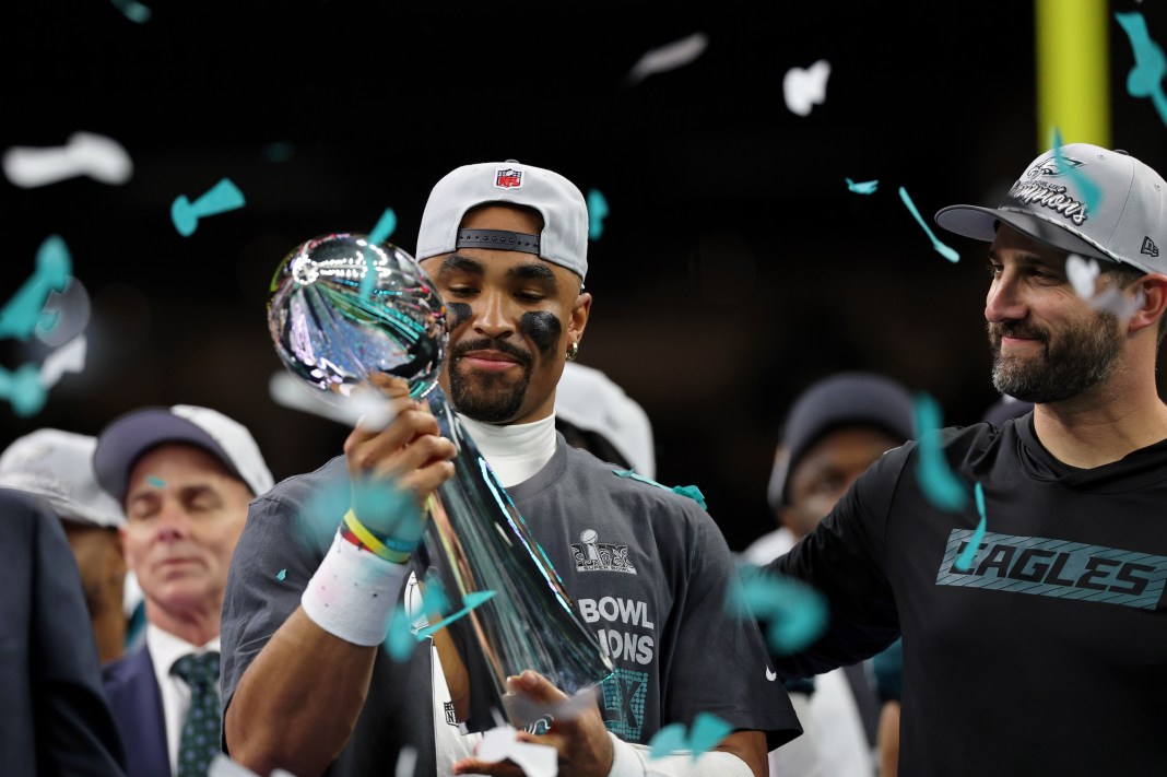 Philadelphia Eagles quarterback Jalen Hurts (1) celebrates with head coach Nick Sirianni after defeating the Kansas City Chiefs in Super Bowl LIX at Caesars Superdome on February 9, 2025