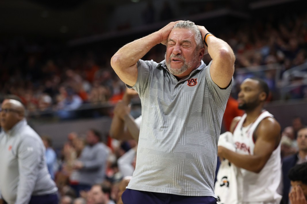 Auburn Tigers head coach Bruce Pearl reacts to a turnover during the second half against the Arkansas Razorbacks at Neville Arena on February 19, 2025.