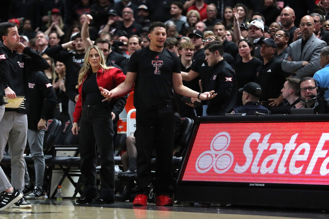 NFL Kansas City Chiefs player and Texas Tech Red Raiders alumni Patrick Mahomes II reacts to a call during the second half of the game against the Houston Cougars at United Supermarkets Arena on February 24, 2025.