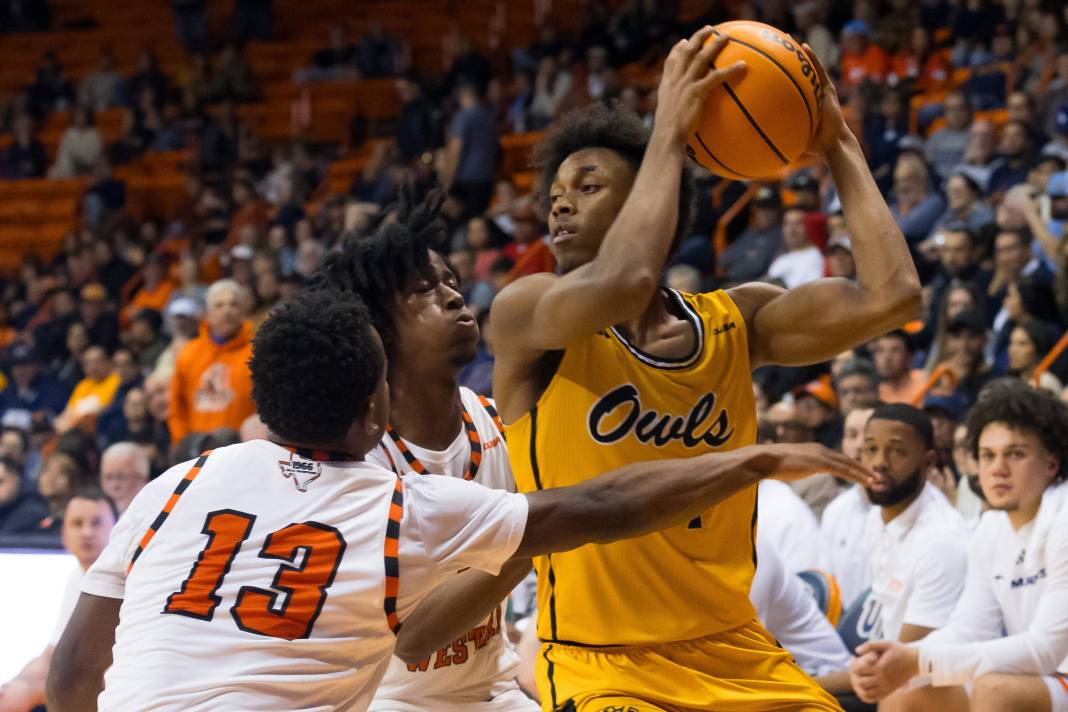 UTEP's David Terrell Jr. (5) and Devon Barnes (13) play defense during a men's basketball game against Kennesaw State on January 25, 2025, at the Don Haskins Center in El Paso, Texas.