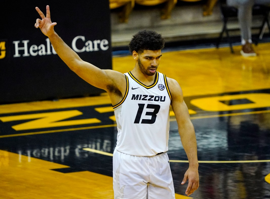 Missouri Tigers guard Mark Smith (13) reacts after scoring against the Mississippi Rebels during the second half at Mizzou Arena on February 23, 2021.