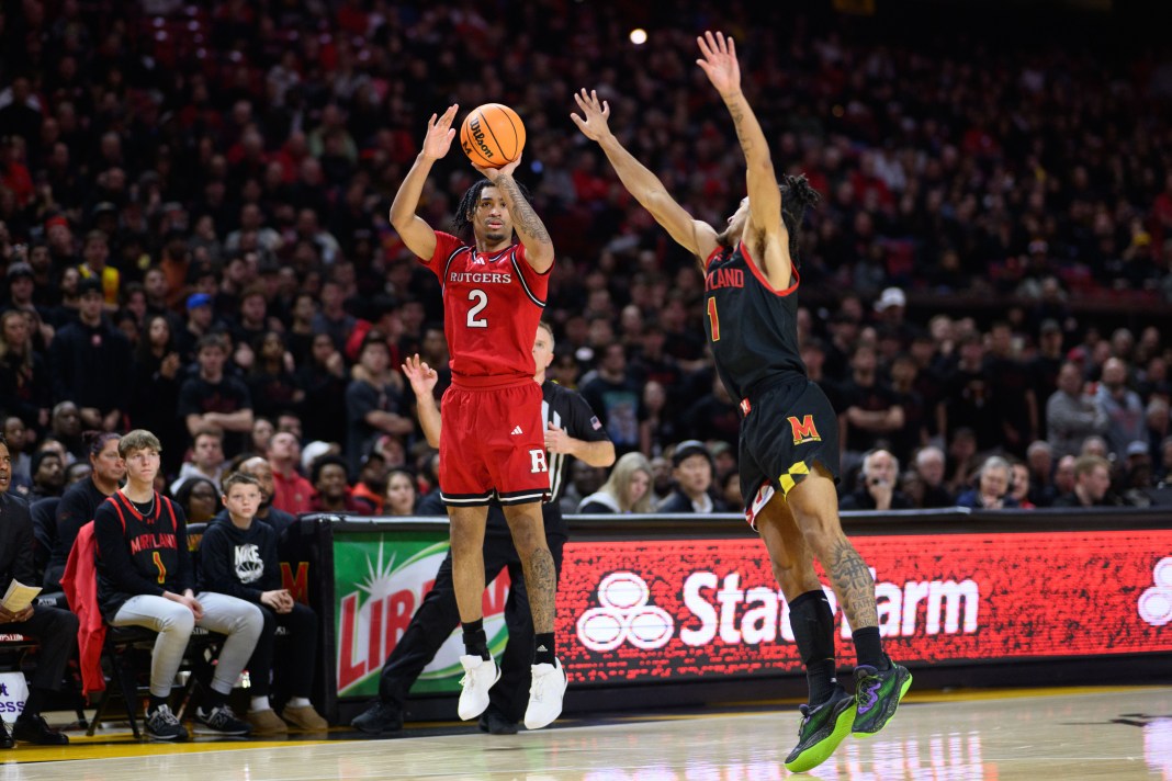 Rutgers Scarlet Knights guard Dylan Harper (2) takes a jump shot during the first half over Maryland Terrapins guard Rodney Rice (1) at Xfinity Center on February 9, 2025.